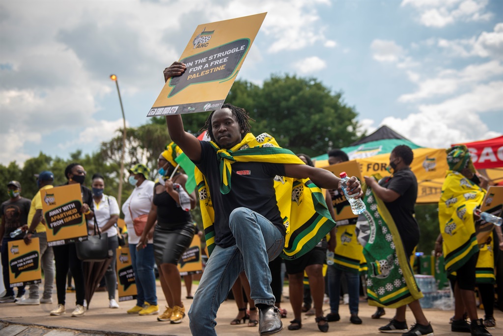 Members of the ANC and SACP protest for a free Palestine at the Israel Embassy on 19 March 2021 in Pretoria. The group protested against apartheid from Israel as part of Human Rights Day celebrations. (Photo by Gallo Images/Alet Pretorius),