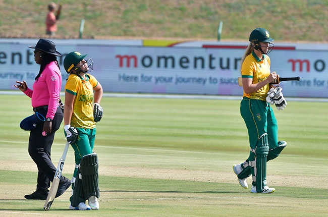 Nadine de Klerk reacts as teammates Annerie Derecksen of South Africa who was runout walks off. (Sydney Seshibedi/Gallo Images)