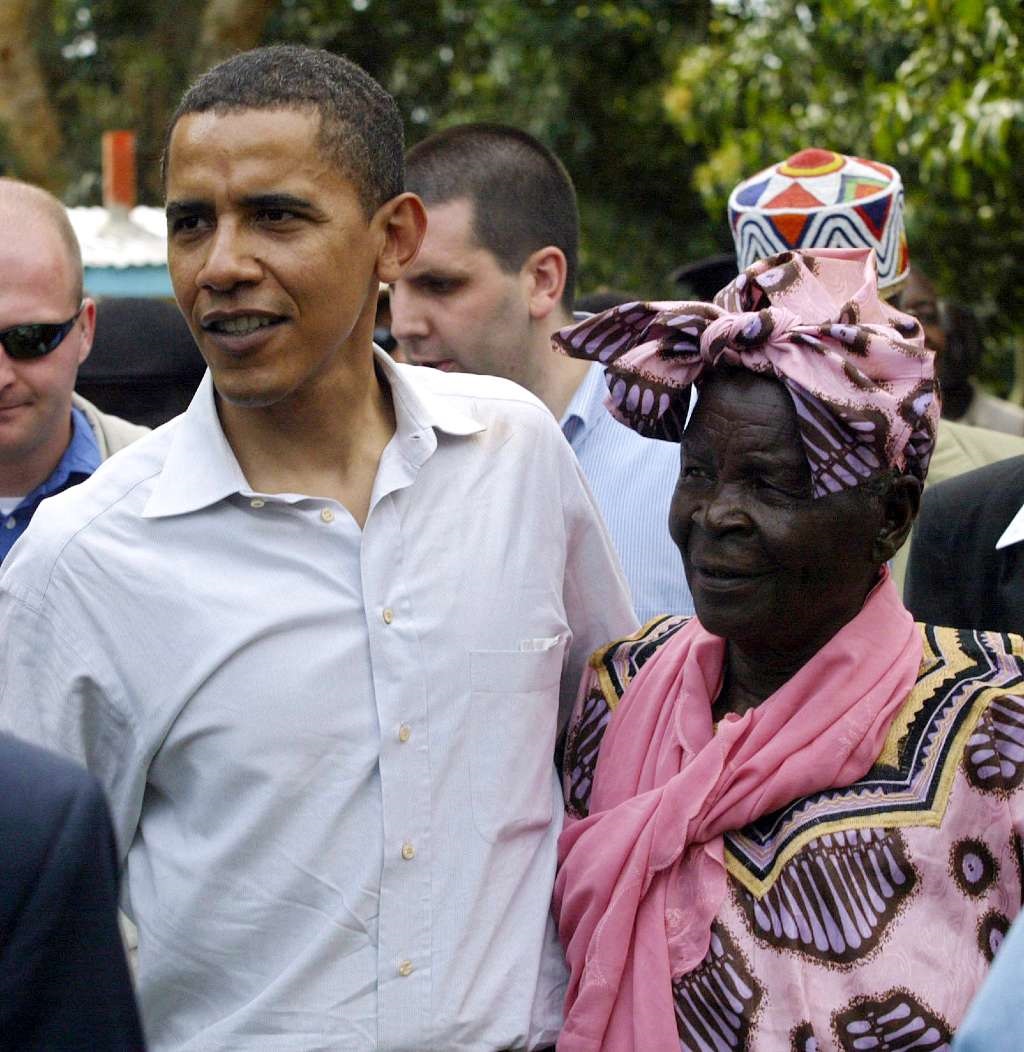 Barack Obama greeting his grandmother, Sarah Obama