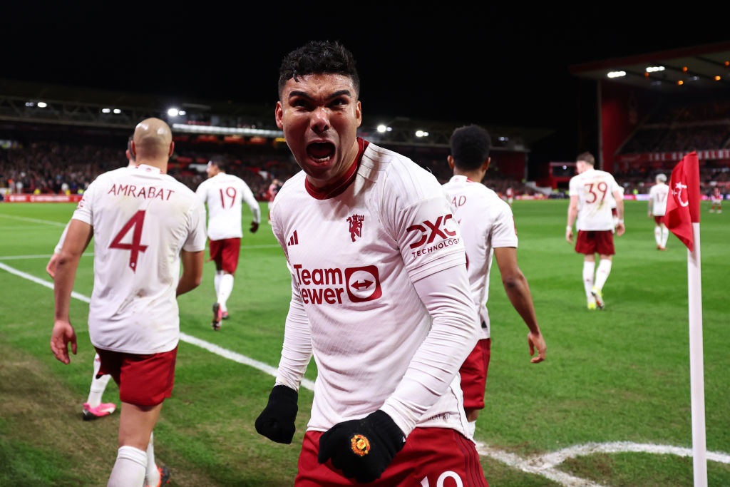NOTTINGHAM, ENGLAND - FEBRUARY 28:  Casemiro of Manchester United celebrates scoring his late goal during the Emirates FA Cup Fifth Round match between Nottingham Forest and Manchester United at City Ground on February 28, 2024 in Nottingham, United Kingdom. (Photo by Marc Atkins/Getty Images)