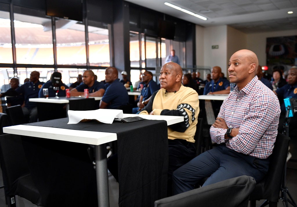 Dr Kaizer Motaung Chairman of Kaizer Chiefs and Kaizer Motaung Jnr during the South African Hall of Fame Legends Lunch at FNB Stadium in Soweto on 16 November  2023 