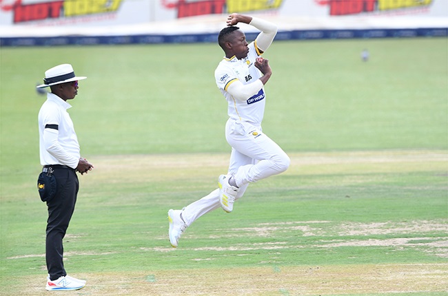Lions seamer Tshepo Moreki in his delivery stride on his way to collecting his maiden first-class five-wicket haul against Western Province. (Image: Lee Warren/Gallo Images)