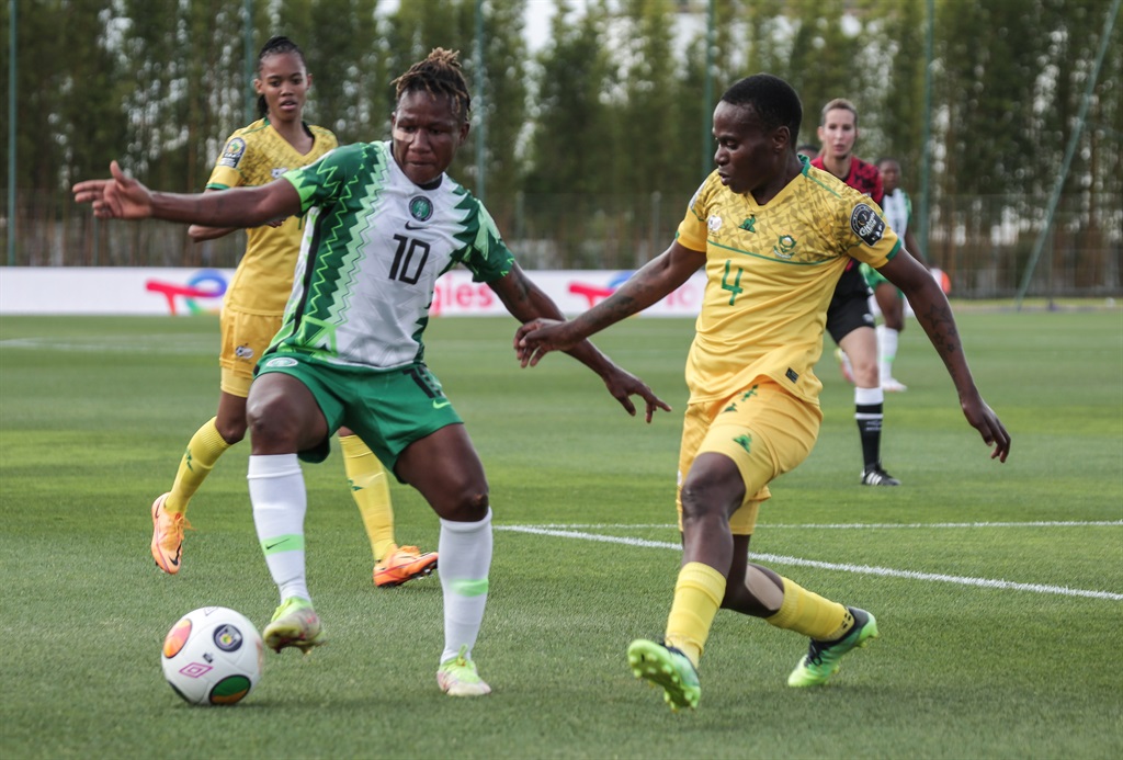Banyana and Nigeria will meet again in a crucial fixture. Here, Noko Matlou and Rita Chikwelu of Nigeria crossed paths during the 2022 Women's Afcon in Morocco