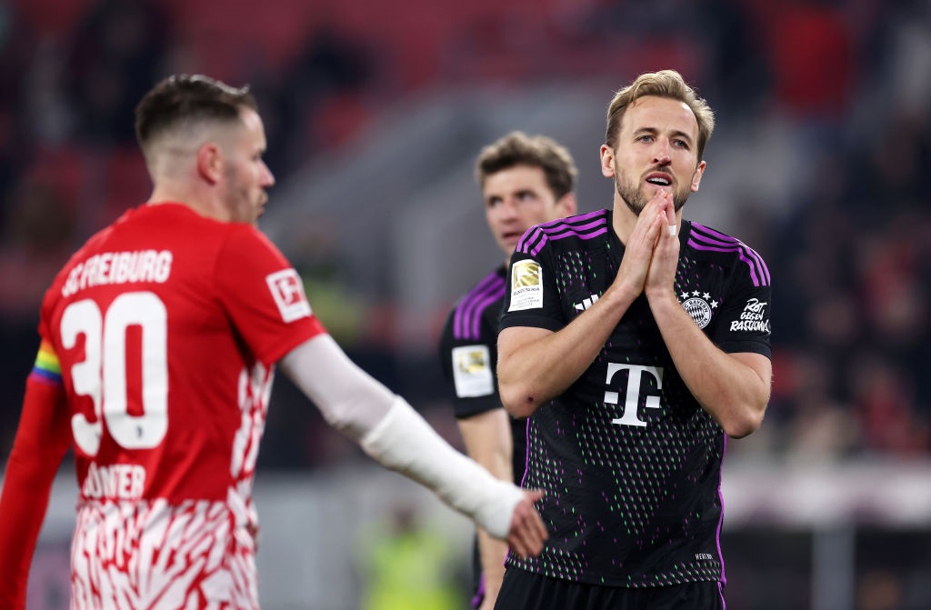 FREIBURG IM BREISGAU, GERMANY - MARCH 01: Harry Kane of Bayern Munich reacts during the Bundesliga match between Sport-Club Freiburg and FC Bayern MÃ¼nchen at Europa-Park Stadion on March 01, 2024 in Freiburg im Breisgau, Germany. (Photo by Alex Grimm/Getty Images)