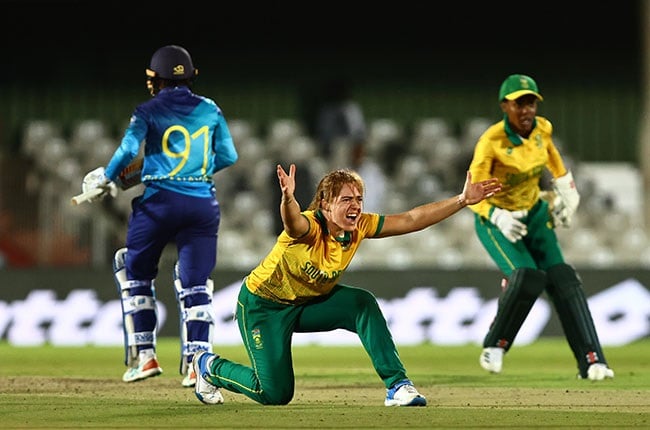 South African all-rounder Nadine de Klerk appeals in for an LBW in a T20I against Sri Lanka. (Richard Huggard/Gallo Images)