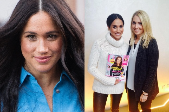 A photo taken in 2016 has emerged showing the Duchess of Sussex holding a magazine showing Kate Middleton on the cover. (PHOTO CREDIT: Gallo Images/Getty Images/Twitter/Declarkie)