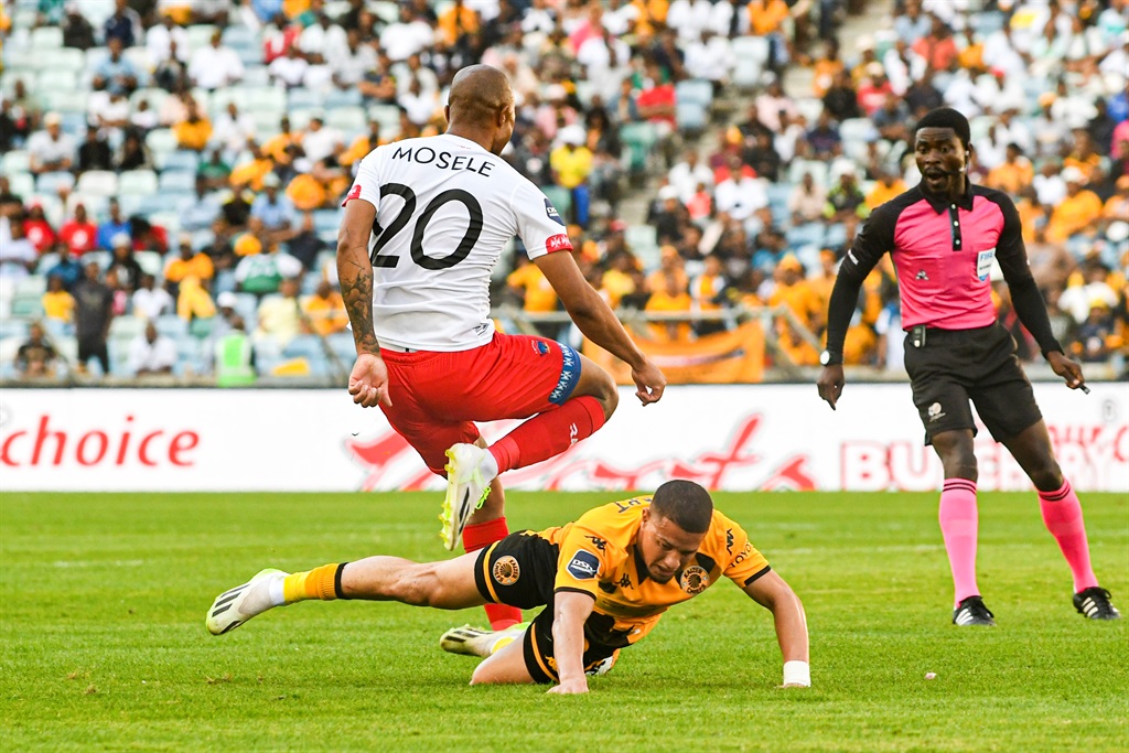 DURBAN, SOUTH AFRICA - AUGUST 06: Yusuf Maart of Kaizer Chiefs and Goodman Mosele of Chippa United during the DStv Premiership match between Kaizer Chiefs and Chippa United at Moses Mabhida Stadium on August 06, 2023 in Durban, South Africa. (Photo by Darren Stewart/Gallo Images)