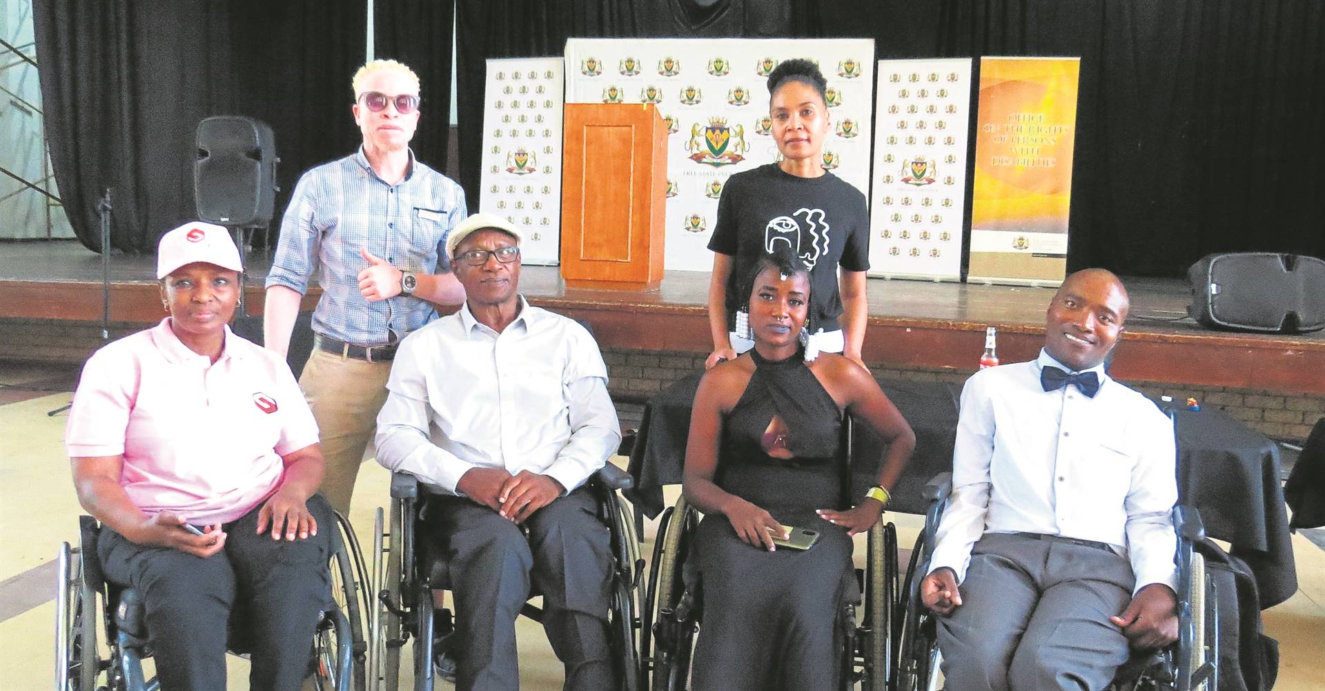 Representatives of stakeholders campaigning for the rights of the disabled at an awareness event for residents in Heidedal at the Norman Doubell Hall on 23 February are from the left, front: Ntsoaki Keiso (Disabled People of South Africa), Ernest Nyembe (Disabled People of South Africa), Zennat Glad (events coordinator) and Lebogang Monyane (assistant director on the rights of persons with disabilities); back: Puseletso Kopa (The Society for the Blind in the Free State) and Venesa Leeuw (The Miss Lesh Foundation). Photo: Teboho Setena