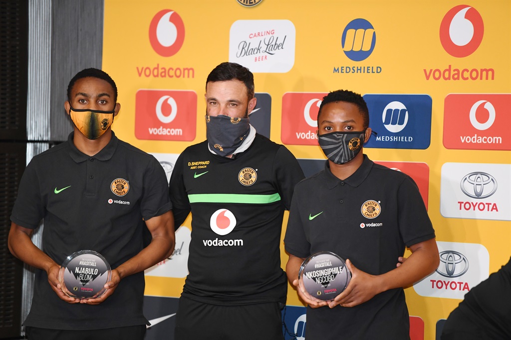 Njabulo Blom ,Coach Dillon Shappard and Nkosingiphile Nhlakanipho Ngcobo during the Kaizer Chiefs media opportunity at FNB Stadium on May 18, 2021 in Johannesburg, South Africa. (Photo by Lefty Shivambu/Gallo Images)