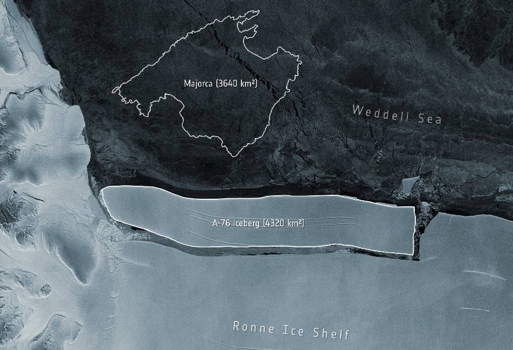 Image released by The European Space Agency on 20 May 2021 shows the A-76 iceberg off the Ronne Ice Shelf, in the Weddell Sea, captured by the Copernicus Sentinel-1 mission on 9 March 2021.
