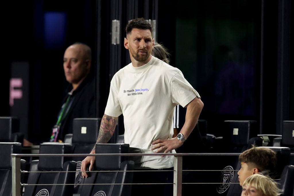 FORT LAUDERDALE, FLORIDA - APRIL 03: Lionel Messi #10 of Inter Miami looks on from the sidelines during the first half in the game against Monterrey in the quarterfinals of the Concacaf Champions Cup - Leg One at Chase Stadium on April 03, 2024 in Fort Lauderdale, Florida.  (Photo by Megan Briggs/Getty Images)