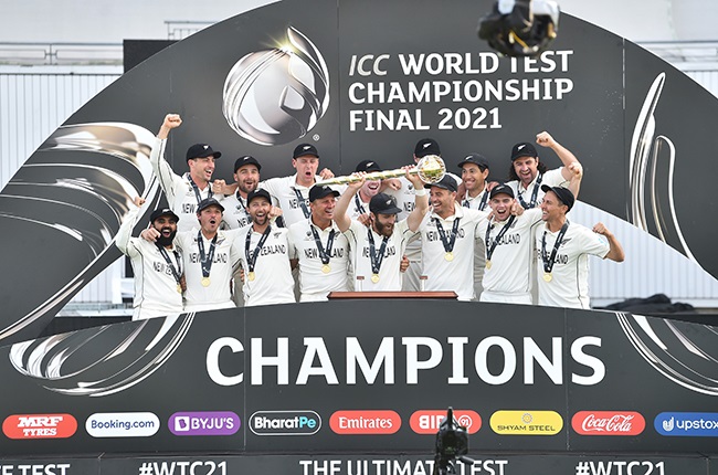 Black Caps celebrate. (Photo by Nathan Stirk/ICC via Getty Images)