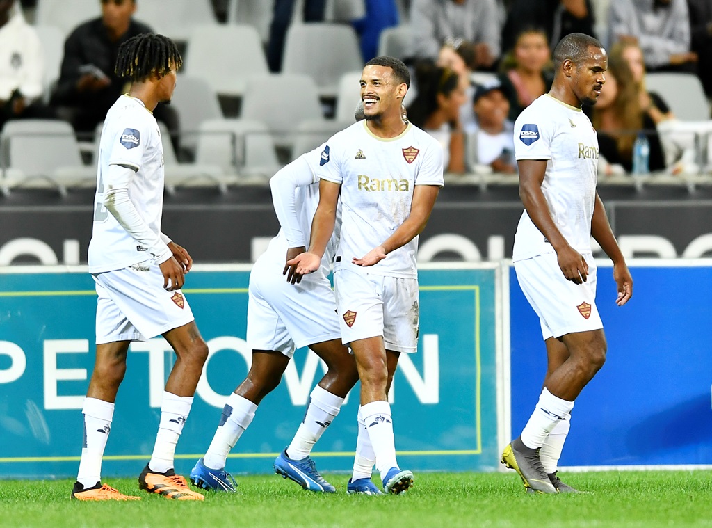 CAPE TOWN, SOUTH AFRICA - MARCH 05: Devin Titus of Stellenbosch FC celebrate after scoring a goal during the DStv Premiership match between Cape Town City FC and Stellenbosch FC at DHL Cape Town Stadium on March 05, 2024 in Cape Town, South Africa. (Photo by Ashley Vlotman/Gallo Images)