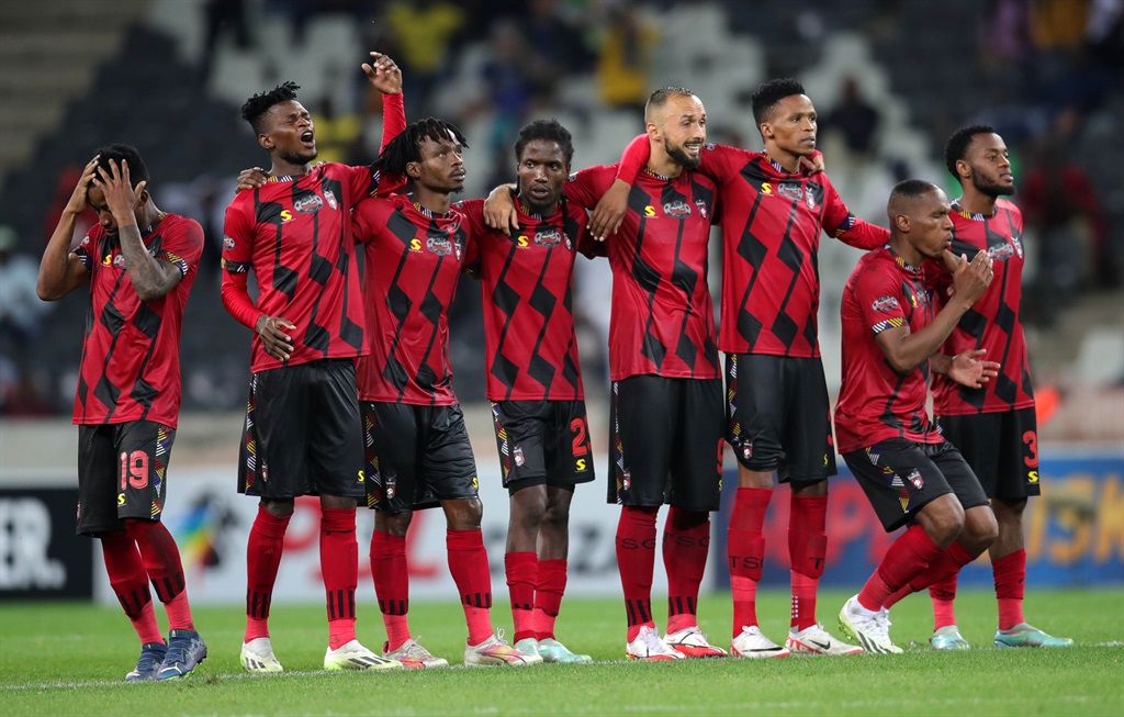 TS Galaxy players react during the 2023 Carling Knockout Cup last 16 match between TS Galaxy and Mamelodi Sundowns at Mbombela Stadium in Nelspruit on 18 October 2023 