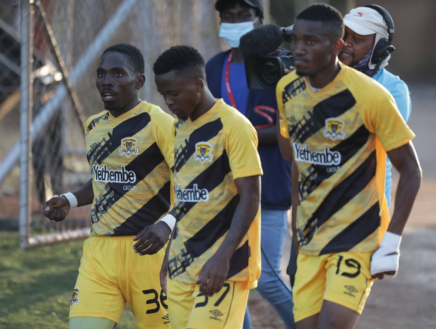 Black Leopards two-goal hero Tiklas Thutlwa is joined in celebration by his teammates Sanele Mthenjwa and Ovidy Karuru following their win over Kaizer Chiefs on Wednesday. Photo: Kabelo Leputu / BackpagePix