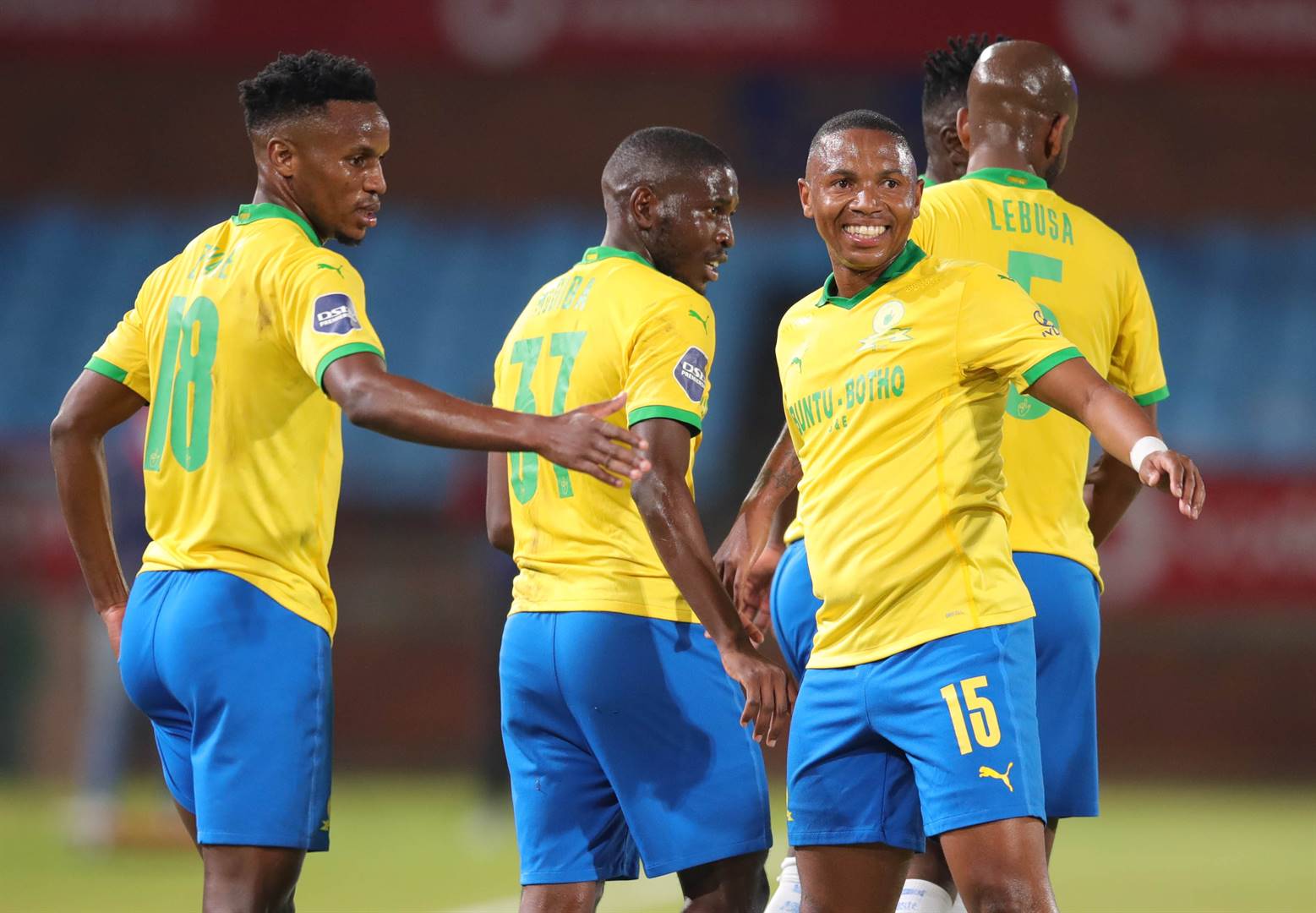 Aubrey Modiba celebrates a goal with teammates as Sundowns beat SuperSport United at Loftus Versfeld to clinch the league with three more games left this season. Photo: Samuel Shivambu/BackpagePix/Gallo Images