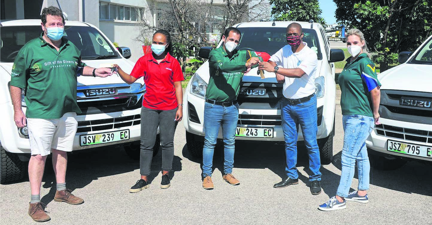 Pictured during the handover of three new Isuzu bakkies to Gift of the Givers are (from left) Mario Ferreira (Gift of Givers project manager), Anovuyo Tshemese (Isuzu Motors South Africa), Ali Sablay (Gift of the Givers project manager), Nickfred Sysaar (Isuzu Motors South Africa) and Corene Conradie (Gift of the Givers project manager).