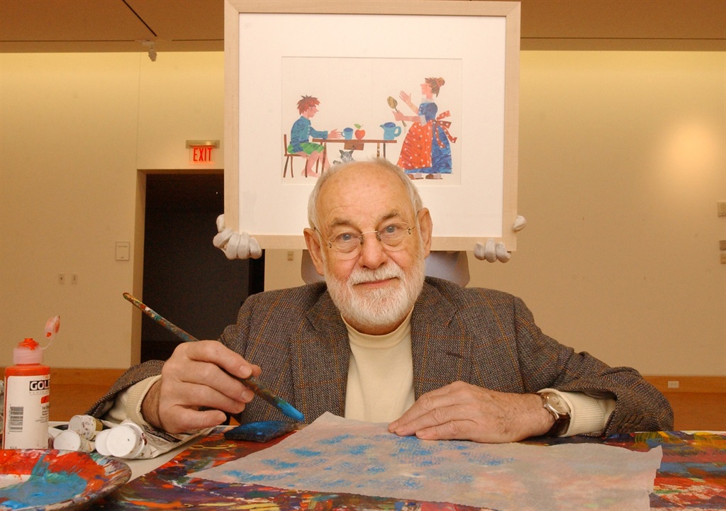 Artist Eric Carle, an illustrator and author of childrens books, with some of the materials he uses to create the art for his books. Carle poses in a gallery of the Eric Carle Museum. Carle was instrumental in the planning and building of the museum. (Photo by Matthew J. Lee/The Boston Globe via Getty Images)