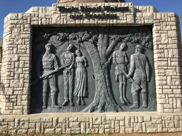 A memorial to the genocide of the Herero and Nama (1904-1907) committed by German colonial troops in the centre of the Namibian capital Windhoek. The inscription translates aloud: Your blood nourishes our freedom. Photo: JÃ¼rgen BÃ¤tz/dpa (Photo by JÃ¼rgen BÃ¤tz/picture alliance via Getty Images)