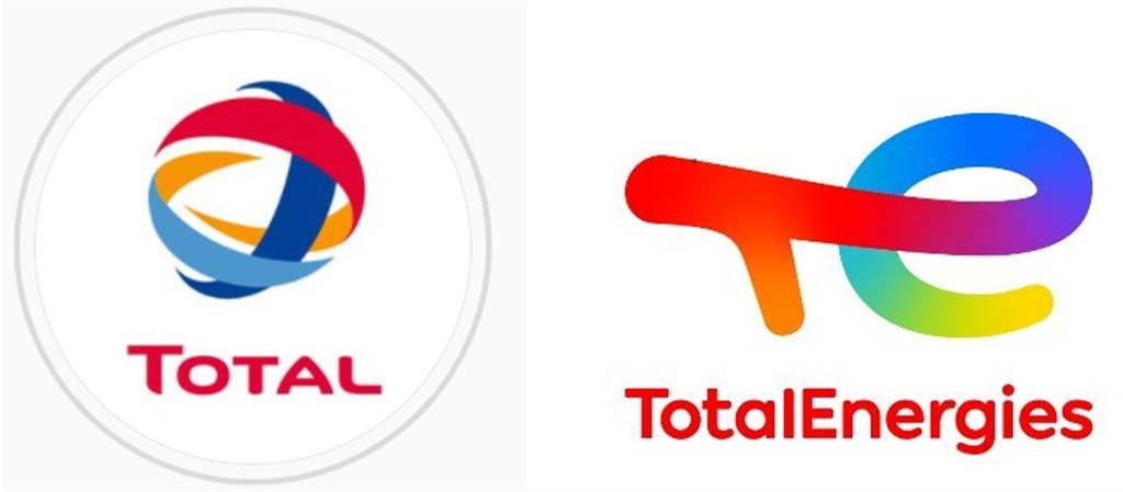 Total's current logo to the left, with the new logo and name on the right. 