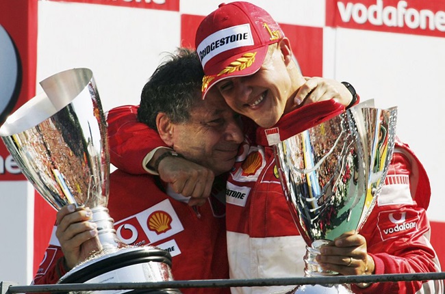 Michael Schumacher of Germany and Ferrari celebrates with Jean Todt after winning the Italian Formula One Grand Prix at the Autodromo Nazionale Monza on September 10, 2006 in Monza, Italy.  