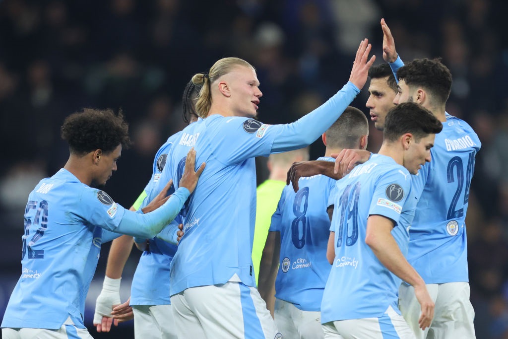 MANCHESTER, ENGLAND - MARCH 6: Manchester Citys Erling Haaland celebrates after he scores their third goal during the the UEFA Champions League 2023/24 round of 16 second leg match between Manchester City and F.C. Copenhagen at Etihad Stadium on March 6, 2024 in Manchester, England. (Photo by Copa/Getty Images)