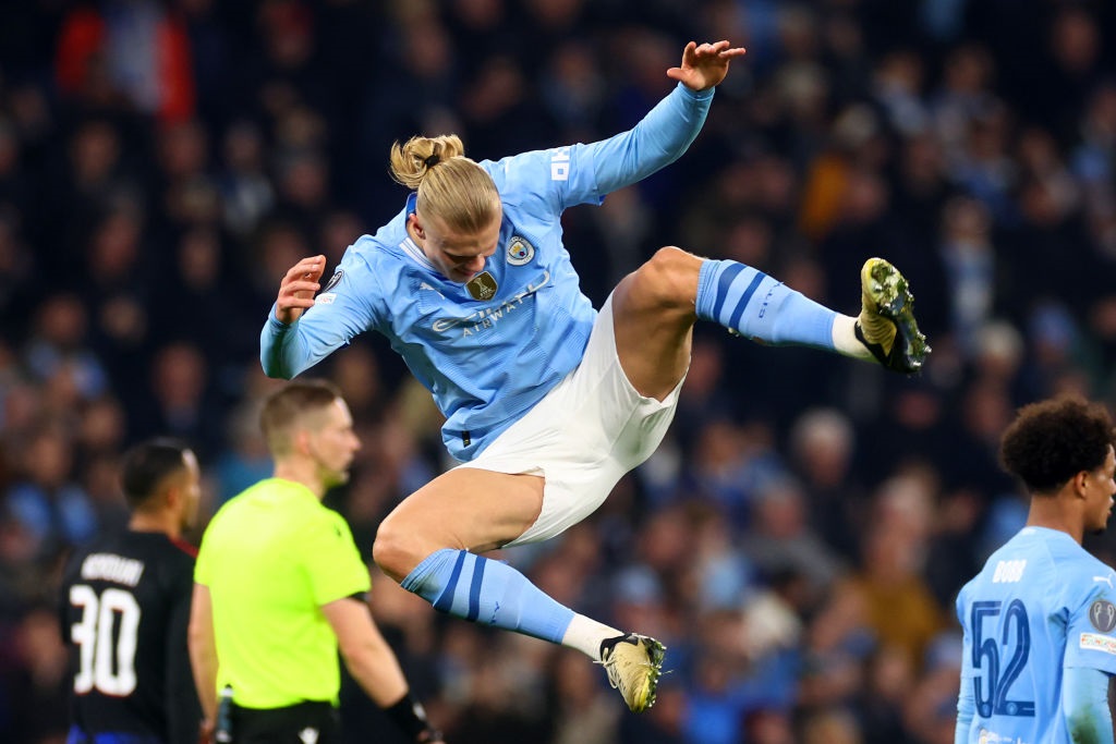 MANCHESTER, ENGLAND - MARCH 06: Erling Haaland of Manchester City celebrates scoring his sides third goal during the UEFA Champions League 2023/24 round of 16 second leg match between Manchester City and F.C. Copenhagen at Etihad Stadium on March 06, 2024 in Manchester, England. (Photo by Chris Brunskill/Fantasista/Getty Images)