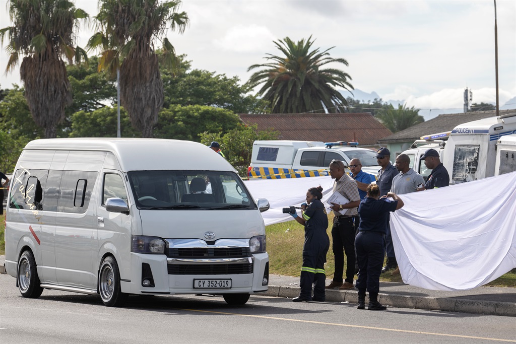 The crime scene where two men were shot dead in a minibus taxi on 14 February 2024 in Elsies River, South Arica. (Gallo Images/Die Burger/Jaco Marais)