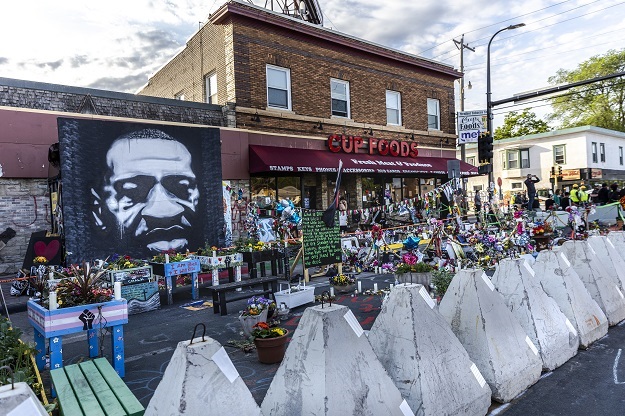 The George Floyd Memorial is barricaded on June 3,