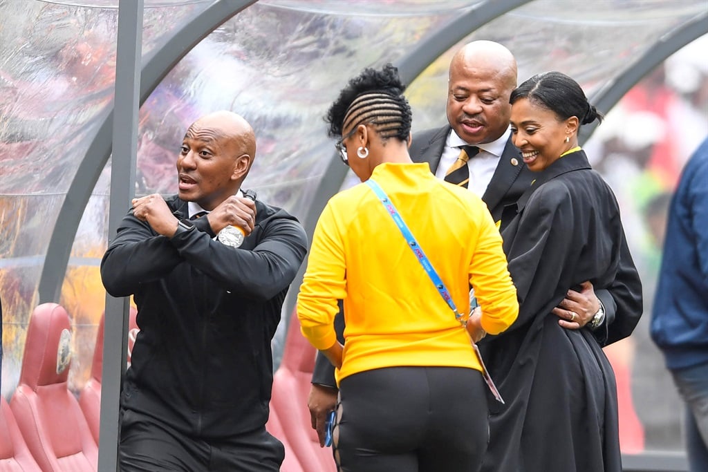 JOHANNESBURG, SOUTH AFRICA - MAY 06:   Kaizer Motaung jnr,, Bobby Motaung, Jessica Motaung and Kemiso Motaung During the Nedbank Cup semi final match between Kaizer Chiefs and Orlando Pirates at FNB Stadium on May 06, 2023 in Johannesburg, South Africa. (Photo by Lefty Shivambu/Gallo Images)