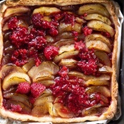 Apple tart with amasi crust and berry sauce