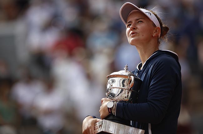 Barbora Krejcikova with the French Open title. (Photo by Mehdi Taamallah/NurPhoto via Getty Images)