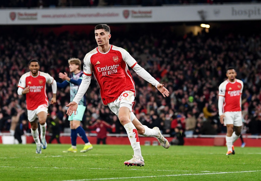 LONDON, ENGLAND - MARCH 09: Kai Havertz of Arsenal celebrates scoring his teams second goal during the Premier League match between Arsenal FC and Brentford FC at Emirates Stadium on March 09, 2024 in London, England. (Photo by David Price/Arsenal FC via Getty Images)