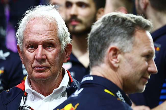 Oracle Red Bull Racing Team Principal Christian Horner and Oracle Red Bull Racing Team Consultant Dr Helmut Marko look on in parc ferme during the F1 Grand Prix of Saudi Arabia in Jeddah. (Clive Rose/Getty Images)