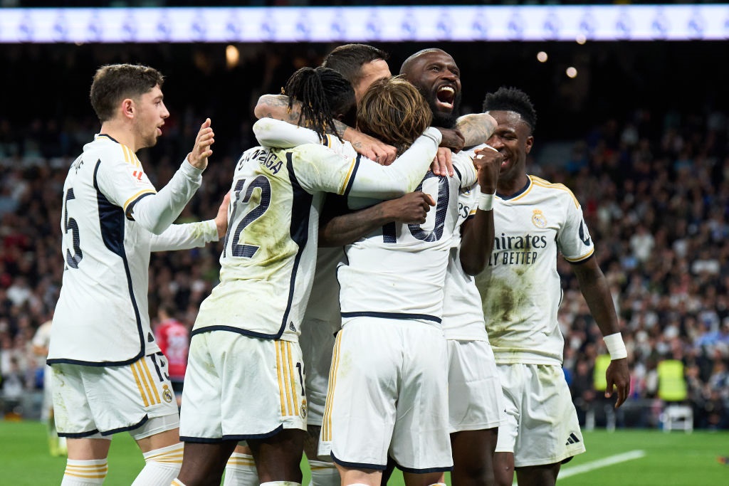 MADRID, SPAIN - MARCH 10: Antonio Rudiger of Real Madrid celebrates with teammates after scoring the teams second goal during the LaLiga EA Sports match between Real Madrid CF and Celta Vigo at Estadio Santiago Bernabeu on March 10, 2024 in Madrid, Spain. (Photo by Angel Martinez/Getty Images)