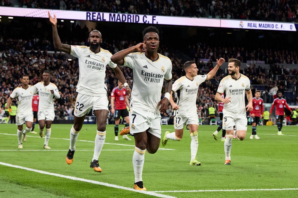 MADRID, SPAIN - MARCH 10: Vinicius Junior of Real Madrid celebrates after scoring their sides first goal during the LaLiga EA Sports match between Real Madrid CF and Celta Vigo at Estadio Santiago Bernabeu on March 10, 2024 in Madrid, Spain. (Photo by Alvaro Medranda/Quality Sport Images/Getty Images)