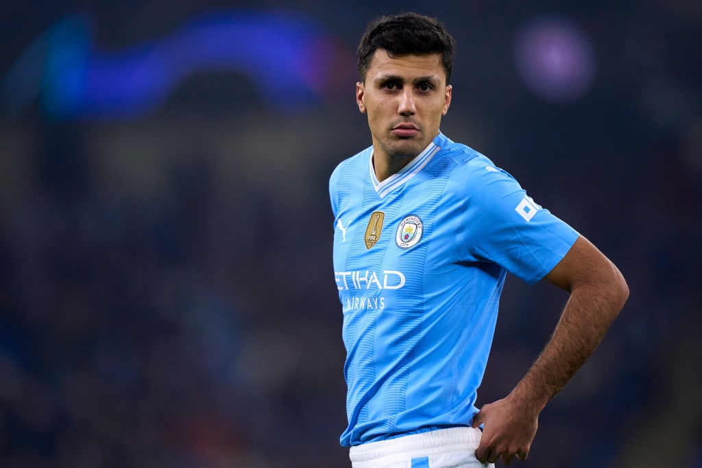 MANCHESTER, ENGLAND - MARCH 06: Rodri Hernandez of Manchester City looks on during the UEFA Champions League 2023/24 round of 16 second leg match between Manchester City and F.C. Copenhagen at Etihad Stadium on March 06, 2024 in Manchester, England. (Photo by Pedro Salado/Getty Images)