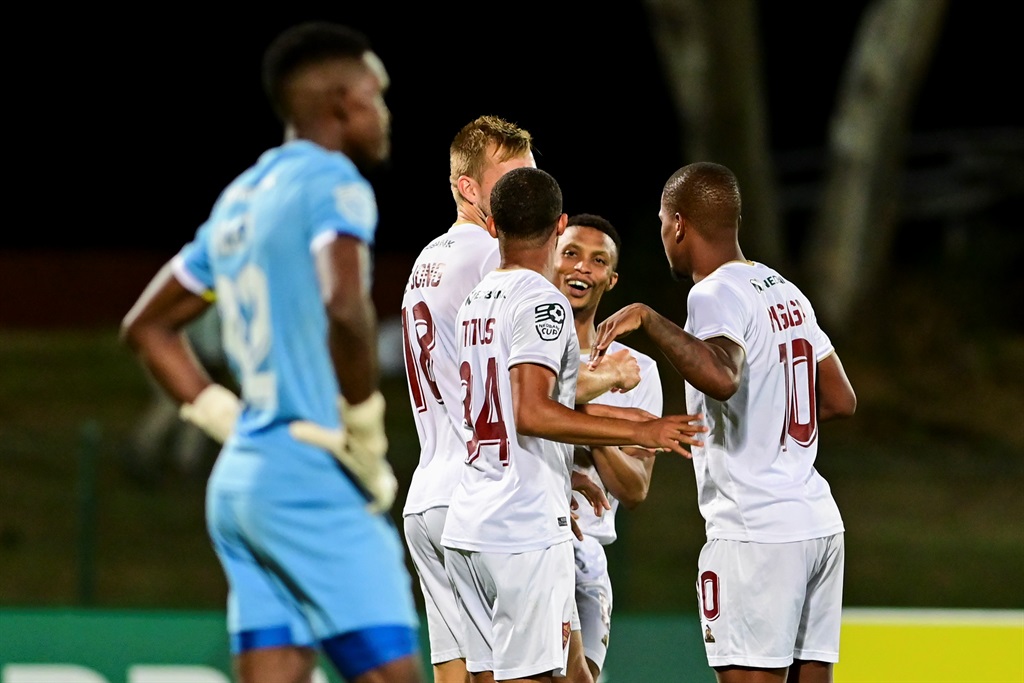 DURBAN, SOUTH AFRICA - MARCH 15: Andre De Jong of Stellenbosch FC celebrates his first goal during the Nedbank Cup, Last 16 match between  Milford FC and Stellenbosch FC  at Princess Magogo Stadium on March 15, 2024 in Durban, South Africa. (Photo by Darren Stewart/Gallo Images),¸