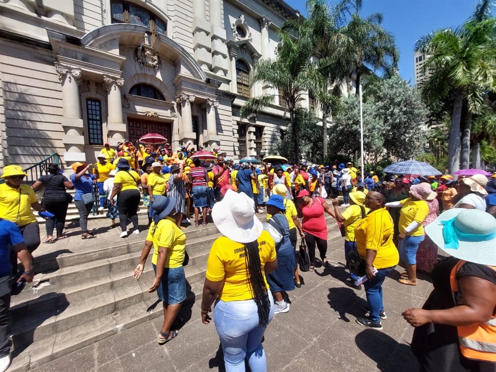 EPWP workers aligned with the SA Municipal Workers' Trade Union staged a picket outside Durban City Hall on Tuesday. (Nkosikhona Duma/News24)