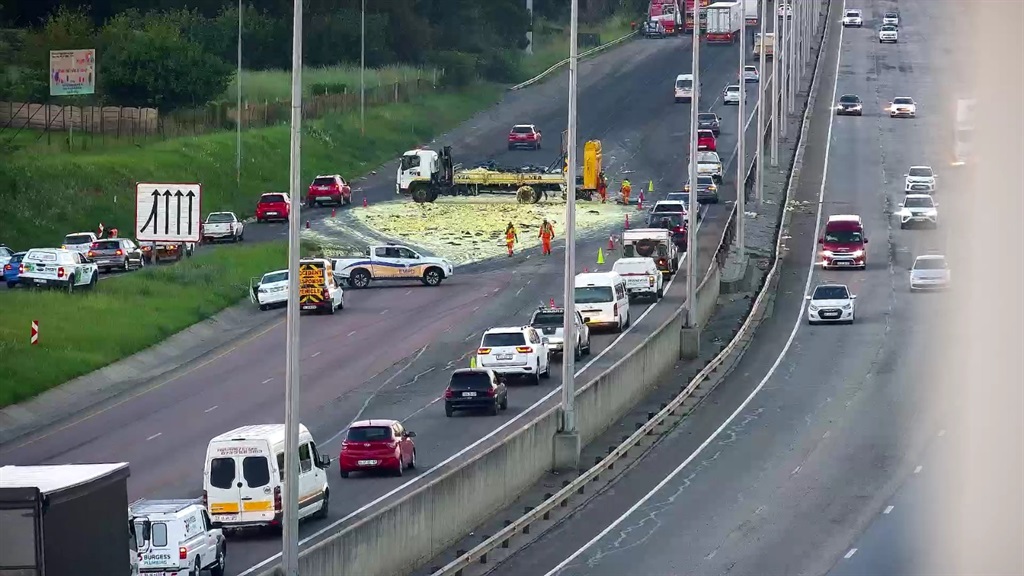 Mayonnaise truck lost its load on the R21 near the Benoni on-ramp.