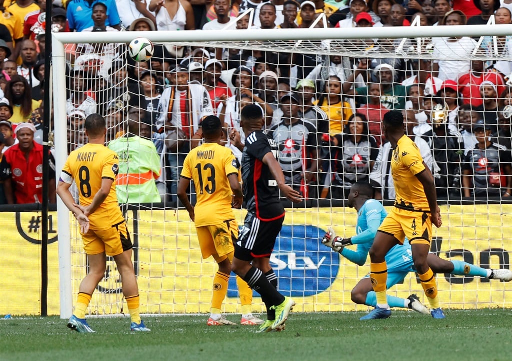 Thabiso Lebitso of Orlando Pirates shoots and scores during the DStv Premiership 2023/24 football match between Orlando Pirates and Kaizer Chiefs at Soccer City in Johannesburg, South Africa on 09 March 2024 