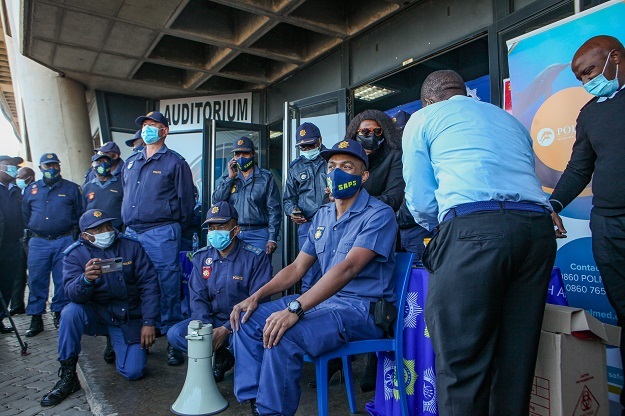 Police officers at the launch of the vaccination programme for police officers at Orlando Stadium in Soweto. 