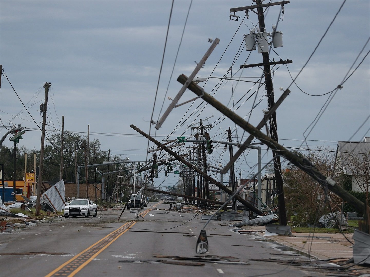 A street is strewn with debris and downed power lines after Hurricane Laura passed through the area on August 27, 2020 in Lake Charles, Louisiana. 