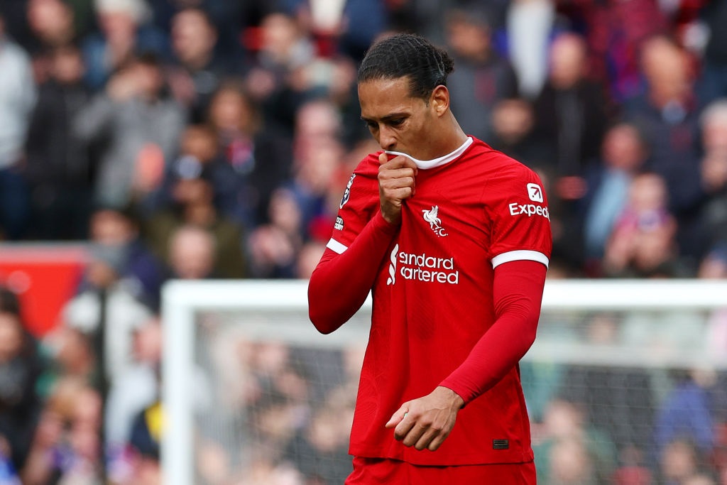 Virgil van Dijk of Liverpool looks dejected after the team's defeat in the Premier League against Crystal Palace at Anfield on 14 April 2024. (Michael Steele/Getty Images)