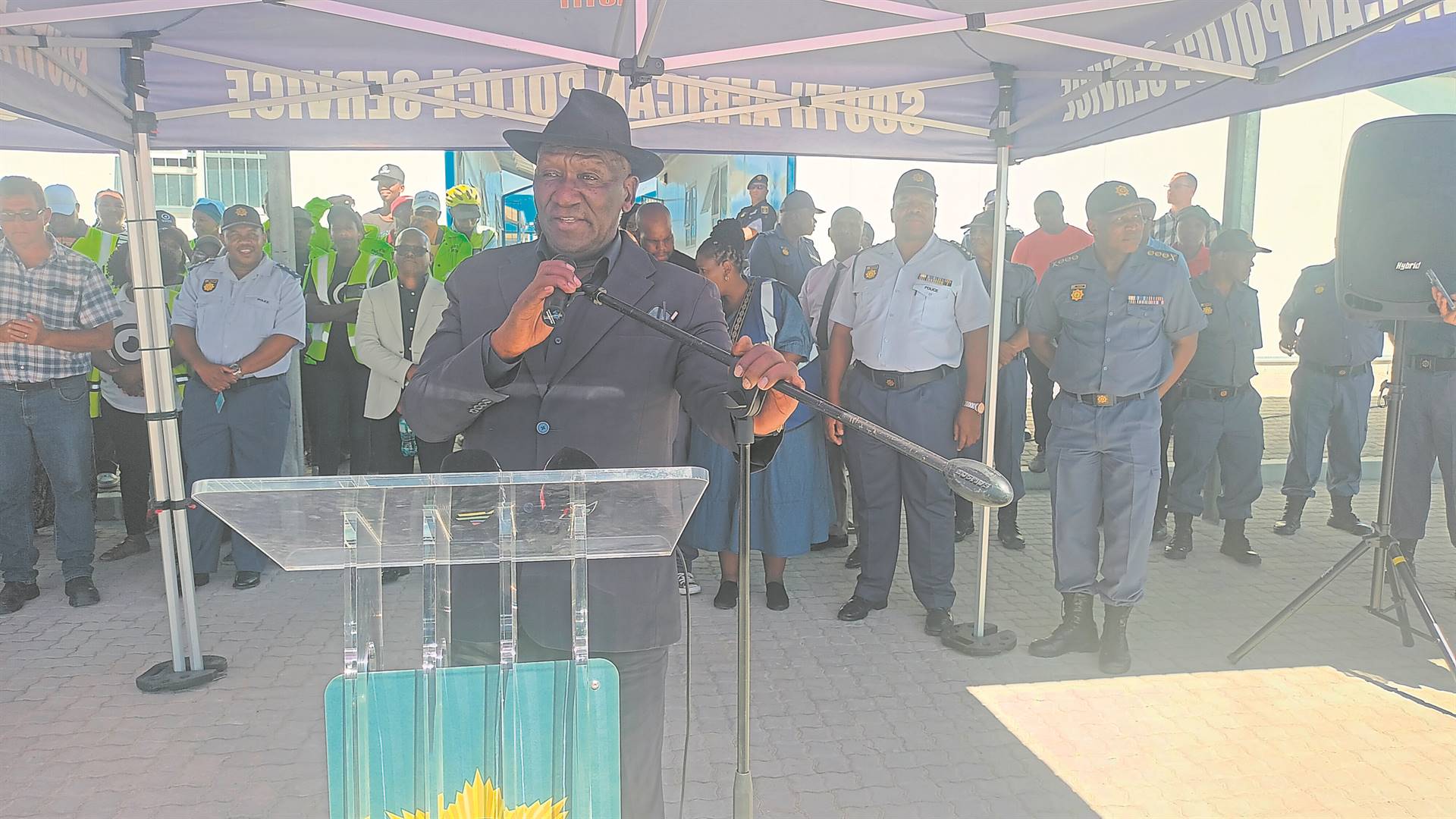 Minister of Police Bheki Cele delivering his speech at the handover.PHOTOS: UNATHI OBOSE