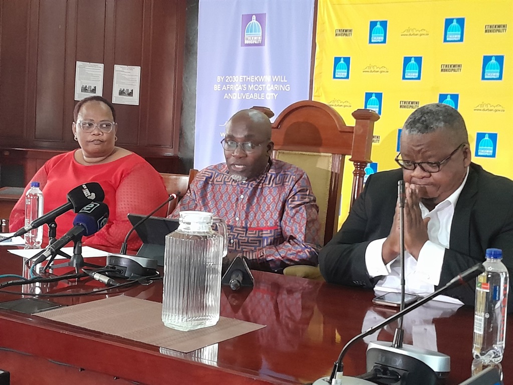 From left: Chief whip Patience Soshange, Mayor Mxolisi Kaunda and city manager Musa Mbhele during a media briefing in Durban.  Photo by Mbali Dlungwana 