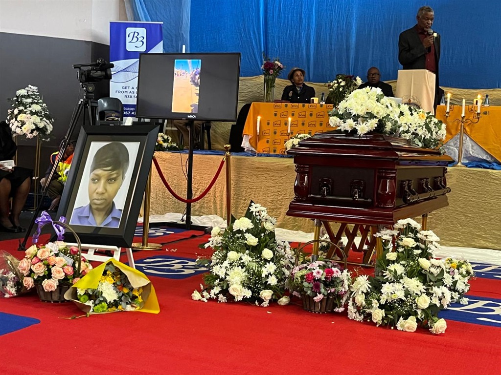 The coffin of Nombulelo Linda Mthimkhulu during her funeral service at Mthombo Hall in Dobsonville, Soweto on Saturday, 13 April.  Photo by Nhlanhla Khomola