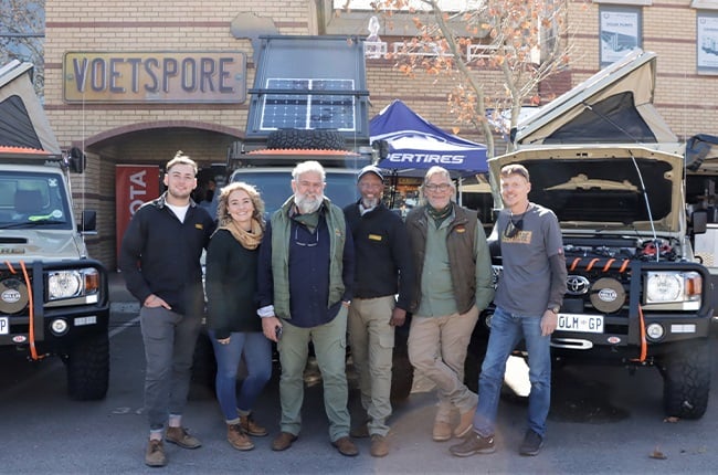 The 'Voetspore'  team with the Toyota Land Cruiser 79 bakkies they'll use on their 15th expedition