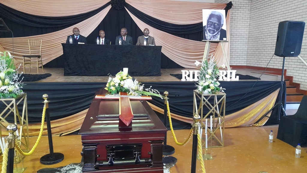 The coffin of Chris 'Bra Spokes' April during his funeral service in Cape Town on Saturday. Photo by Lulekwa Mbadamane