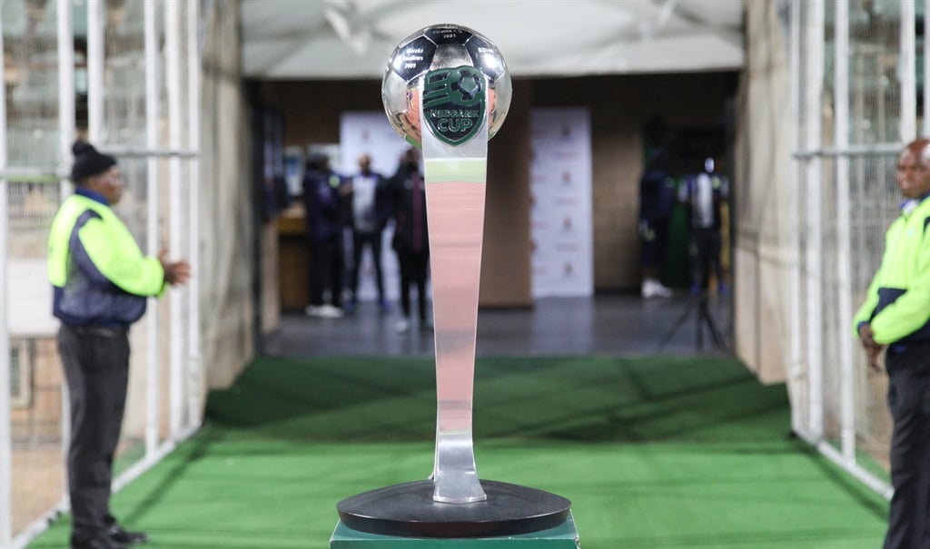 PRETORIA, SOUTH AFRICA - APRIL 12: The Nedbank cup during the Nedbank Cup, Quarter Final match between University of Pretoria and Mamelodi Sundowns at Lucas Moripe Stadium on April 12, 2024 in Pretoria, South Africa. (Photo by Gallo Images)